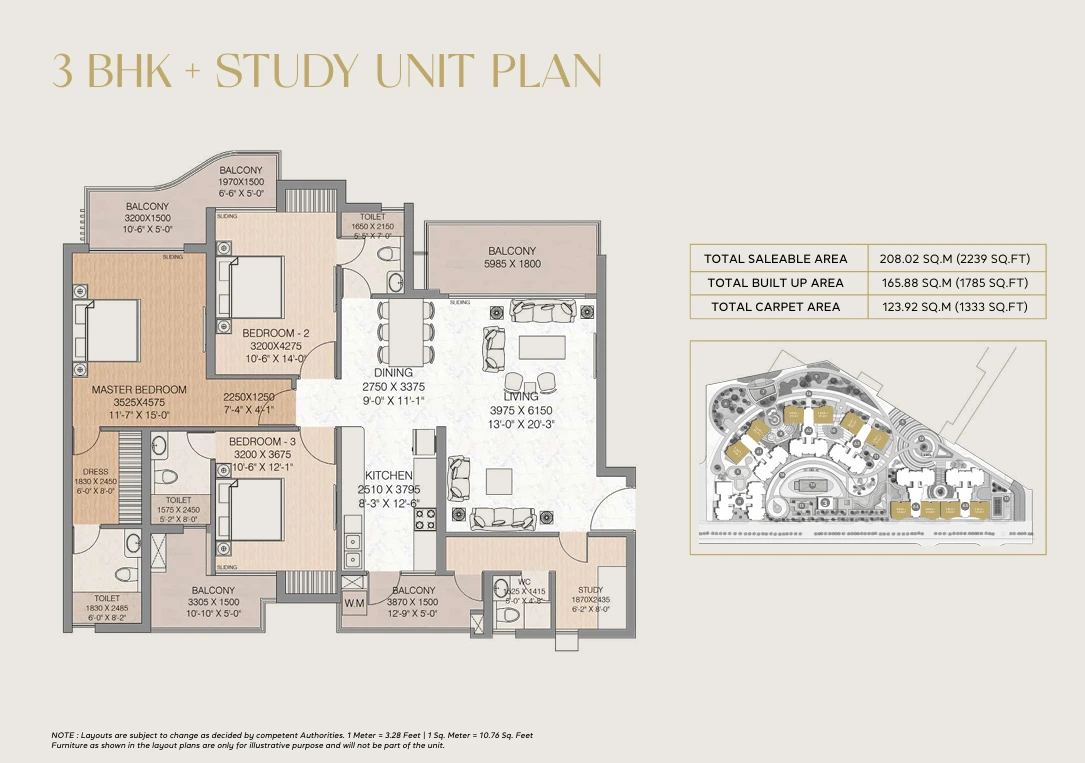 3 BHK + Study Plan