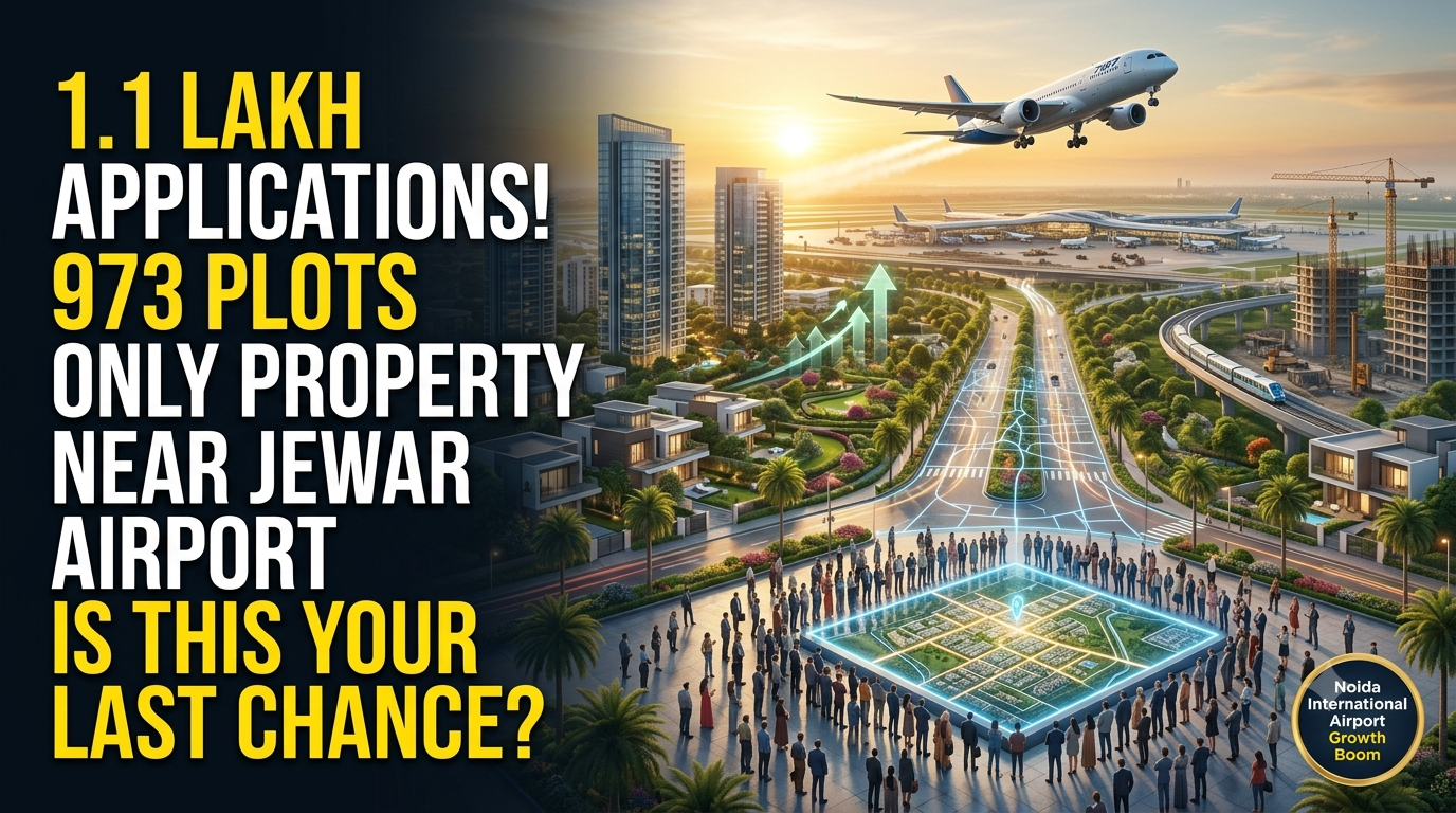 Property Near Jewar Airport showcasing Noida International Airport, YEIDA residential plots, and premium residential developments following record demand of over 1.1 lakh applications in 2026.