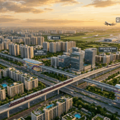 Property in Delhi NCR benefiting from the Ghaziabad to Noida International Airport Namo Bharat Corridor with high-speed rail, Noida International Airport, and premium residential developments.