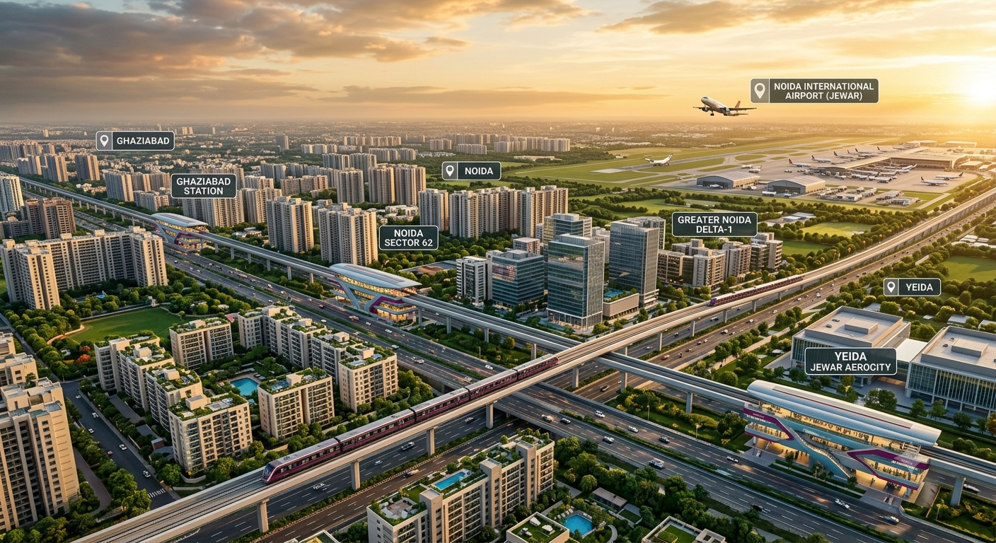 Property in Delhi NCR benefiting from the Ghaziabad to Noida International Airport Namo Bharat Corridor with high-speed rail, Noida International Airport, and premium residential developments.