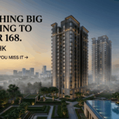 Luxury high-rise residential development in Sector 168 Noida with landscaped gardens, infinity pool, and premium towers at sunset. _bop_bop.in_bop realty_bop_bop realestate_bopgroup.webp