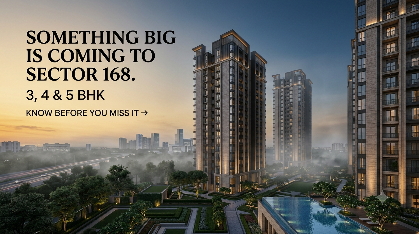 Luxury high-rise residential development in Sector 168 Noida with landscaped gardens, infinity pool, and premium towers at sunset. _bop_bop.in_bop realty_bop_bop realestate_bopgroup.webp